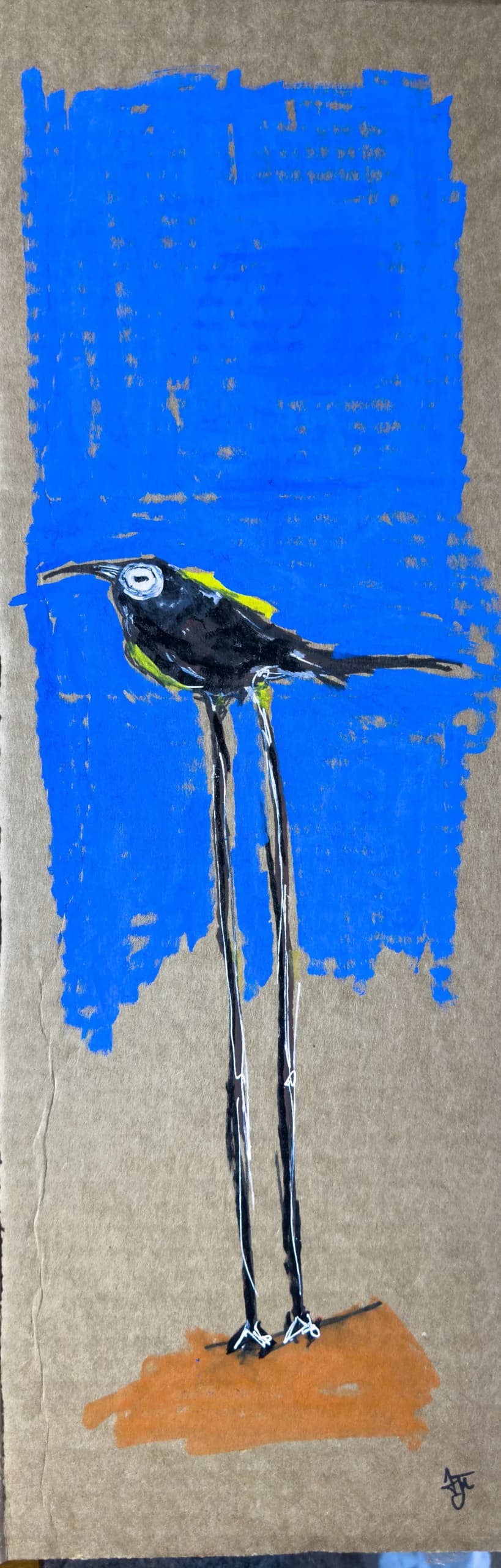 Untitled (Animal III), 2025. Paint and ink bird-like figure on found cardboard by Augustus Rivers