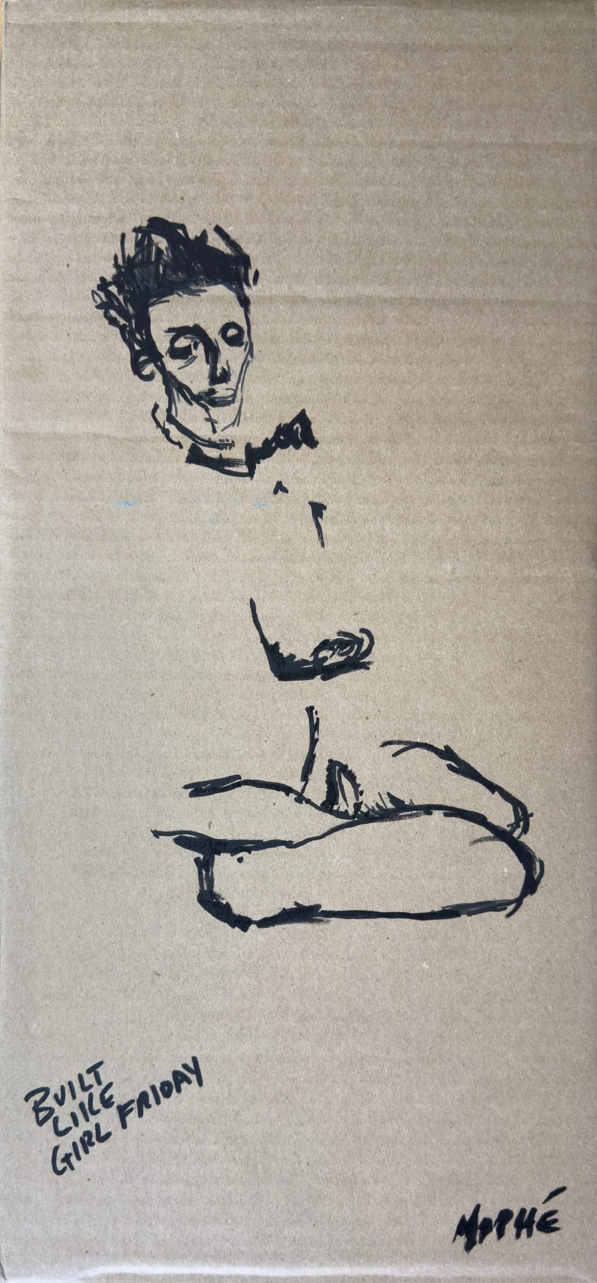 Untitled (Figure I), 2025. Ink drawing on found cardboard by Augustus Rivers