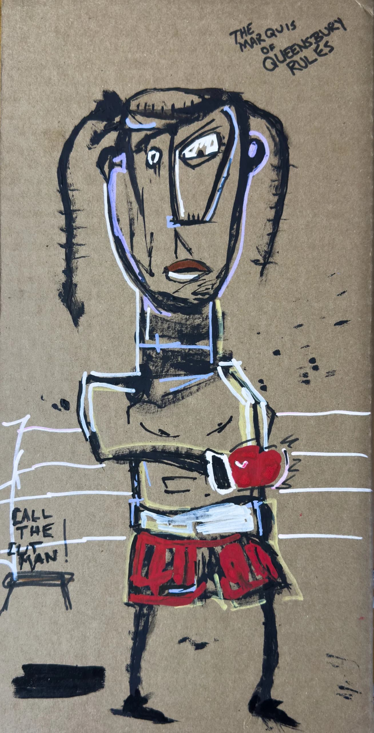 Untitled (Figure V), 2025. Paint and ink figure on found cardboard by Augustus Rivers
