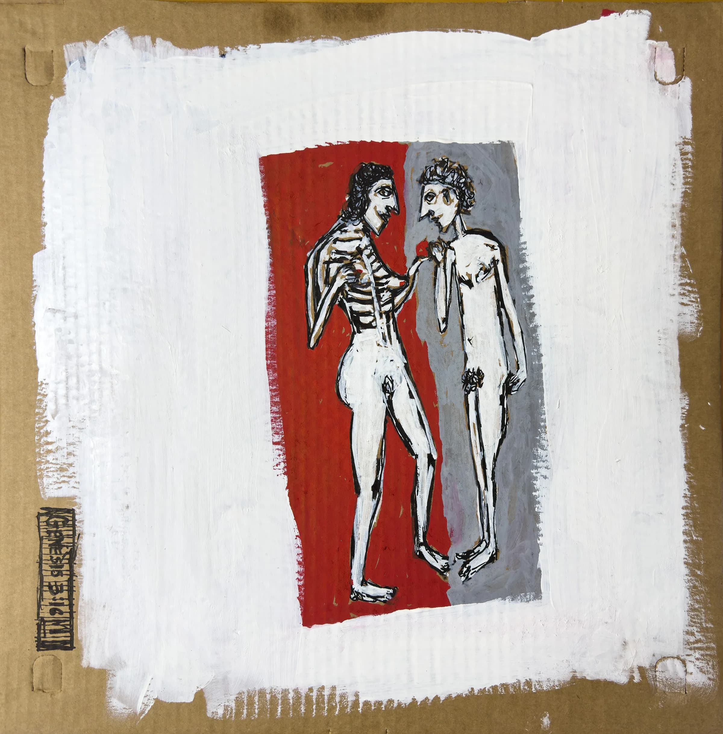 Untitled (Figures IV), 2025. Two human figures painted and drawn on found cardboard by Augustus Rivers