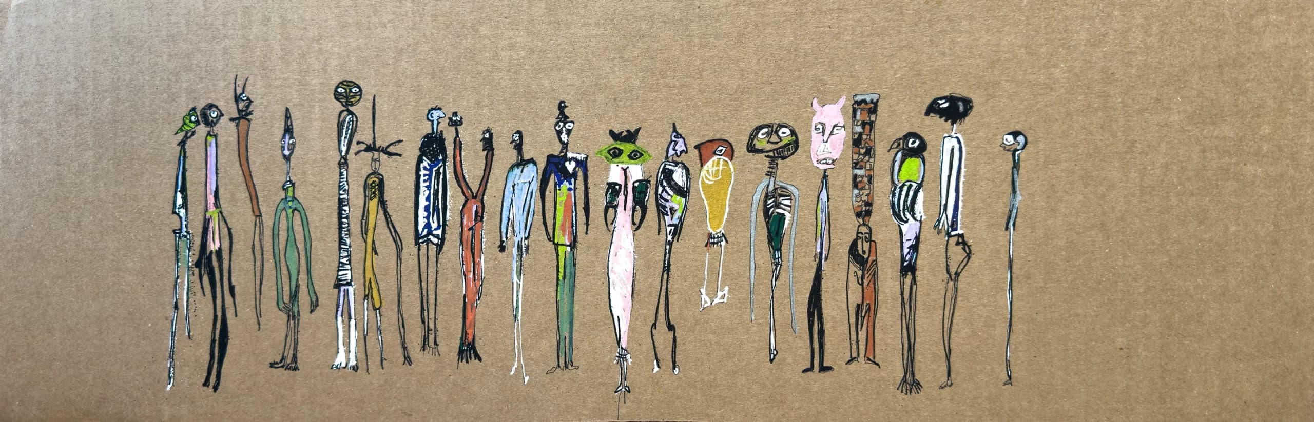 Untitled (Figures VIII), 2025. Multiple painted and drawn figures on found cardboard by Augustus Rivers