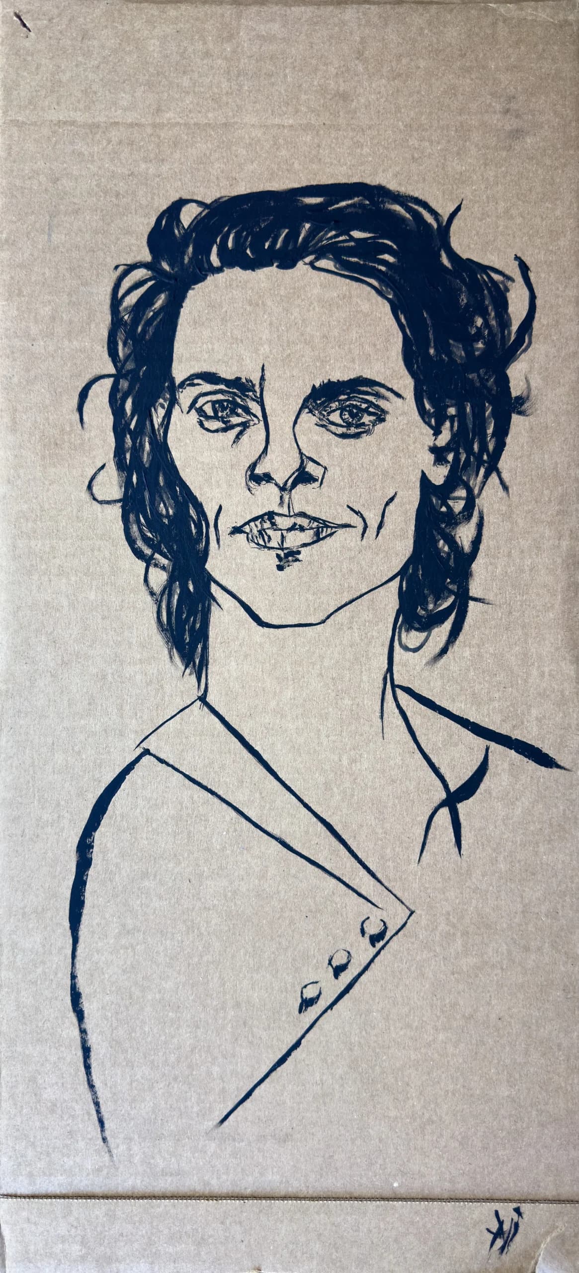 Untitled (Head III), 2025. Ink drawing on found cardboard by Augustus Rivers