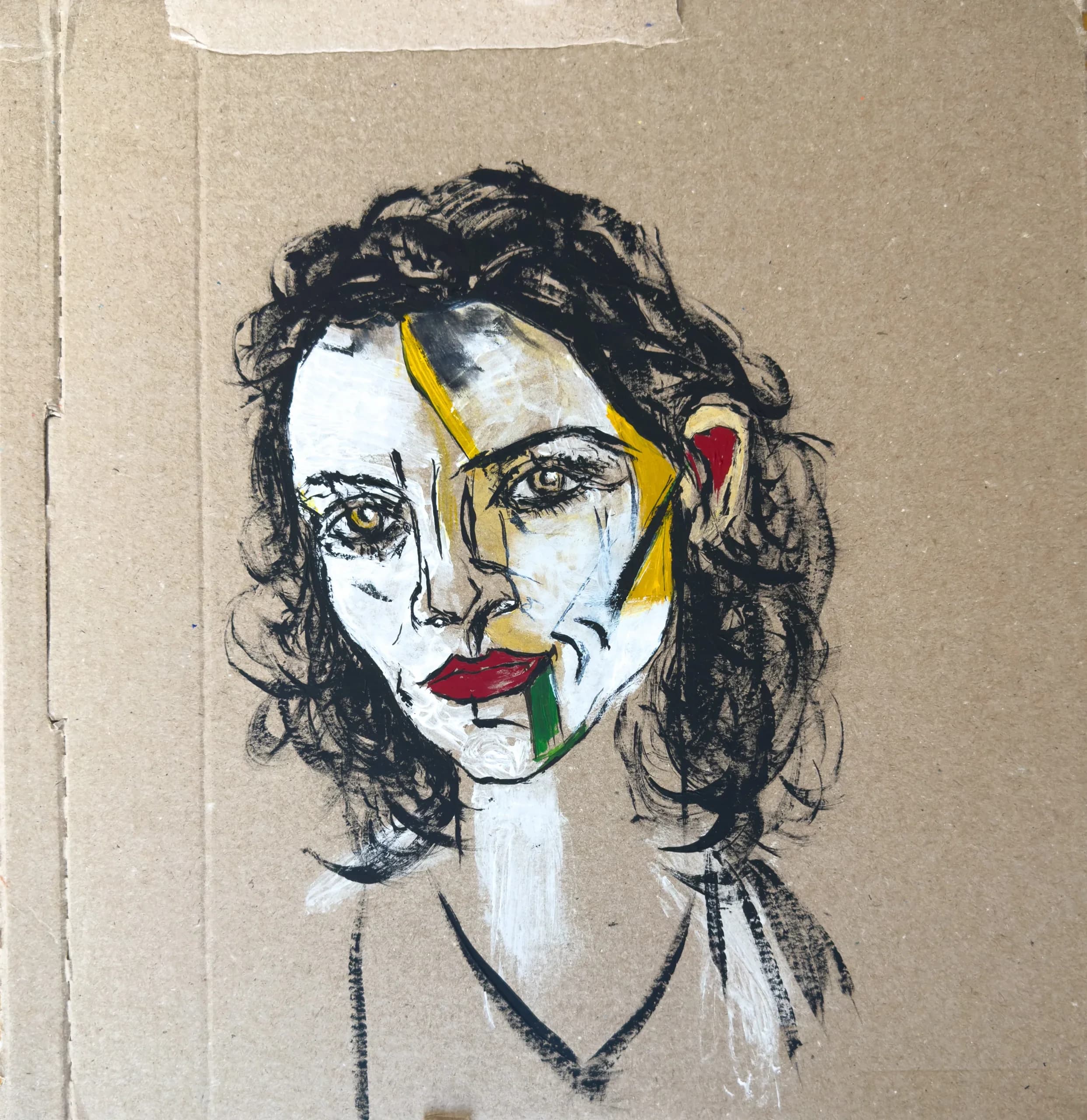 Untitled (Head IV), 2025. Paint and ink on found cardboard by Augustus Rivers