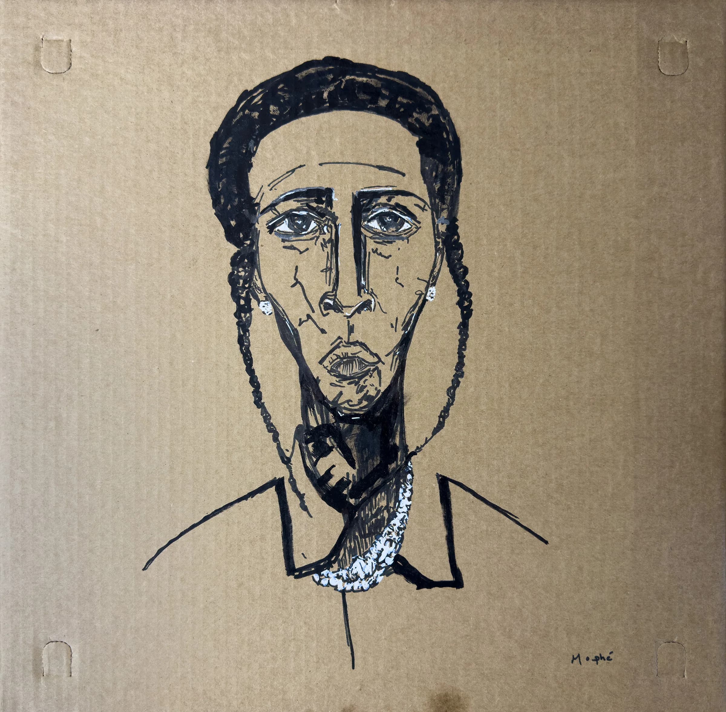 Untitled (Head IX), 2025. Ink and paint head on found cardboard by Augustus Rivers