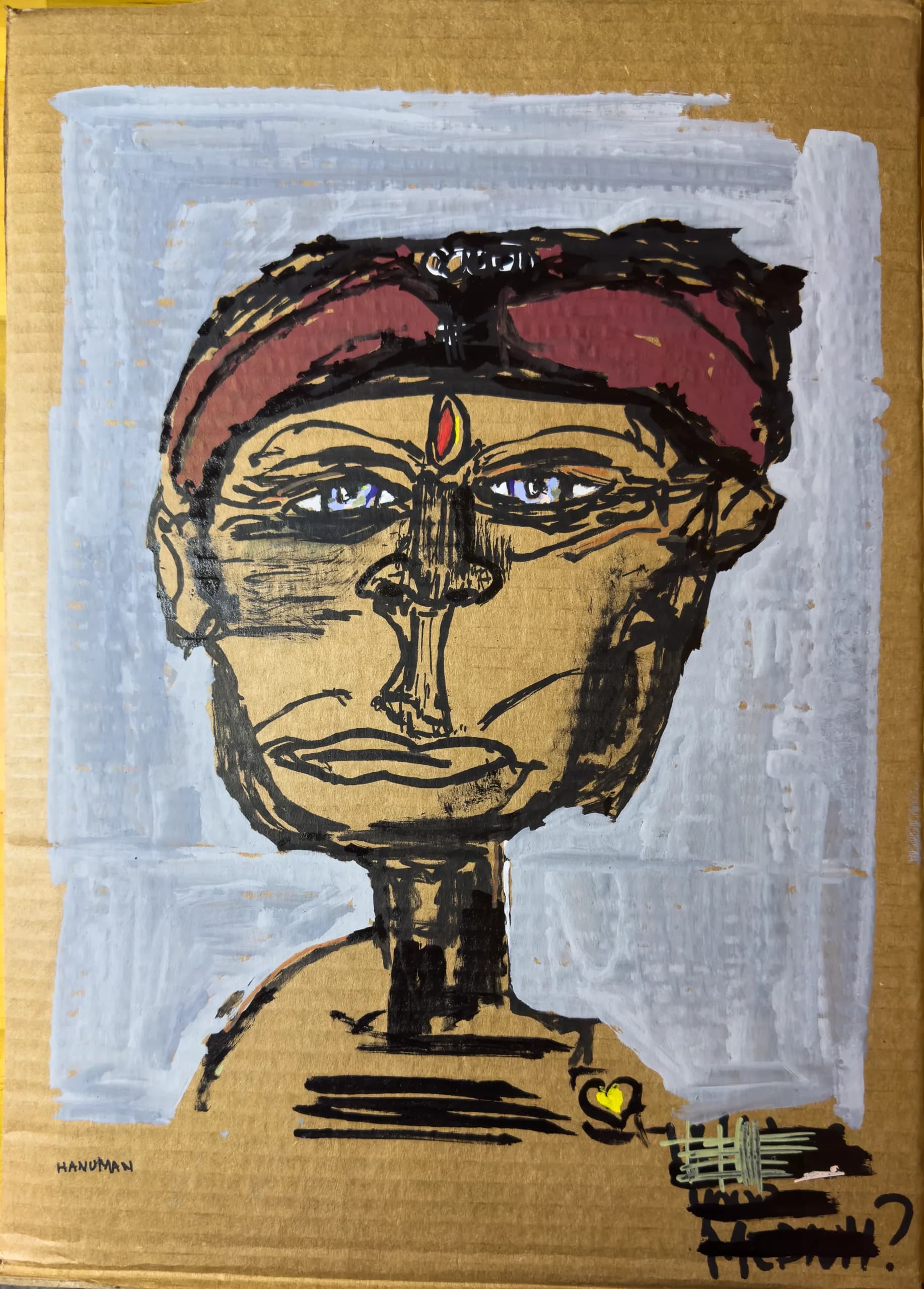 Untitled (Head V), 2025. Paint and ink head on found cardboard by Augustus Rivers