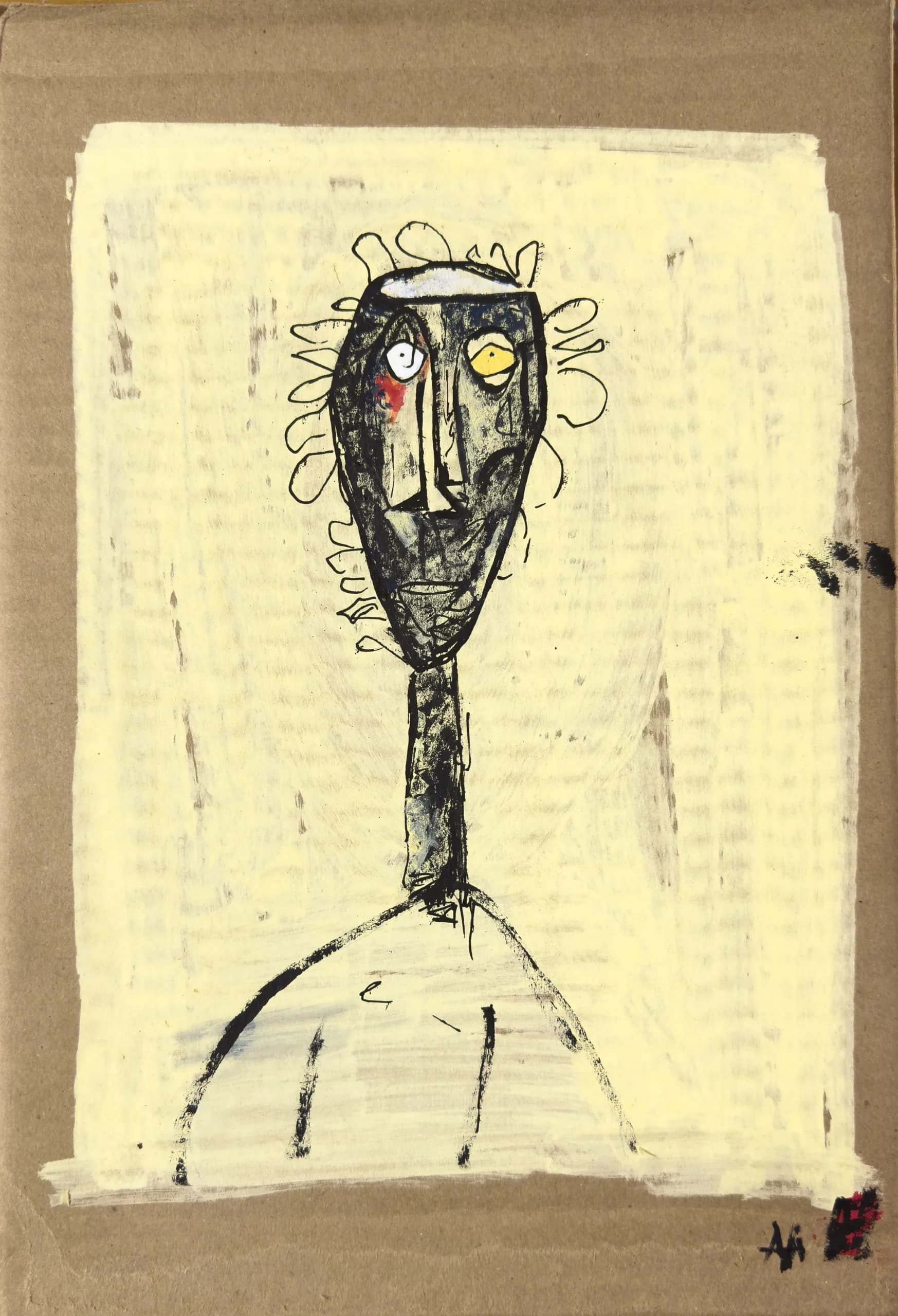 Untitled (Head VI), 2025. Paint and ink head on found cardboard by Augustus Rivers