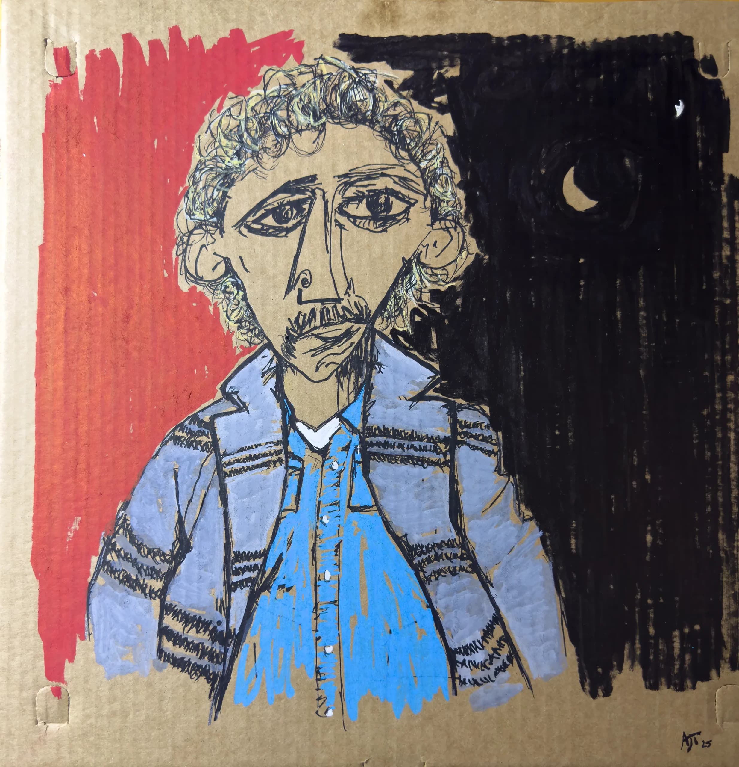 Untitled (Head VIII), 2025. Paint and ink head on found cardboard by Augustus Rivers