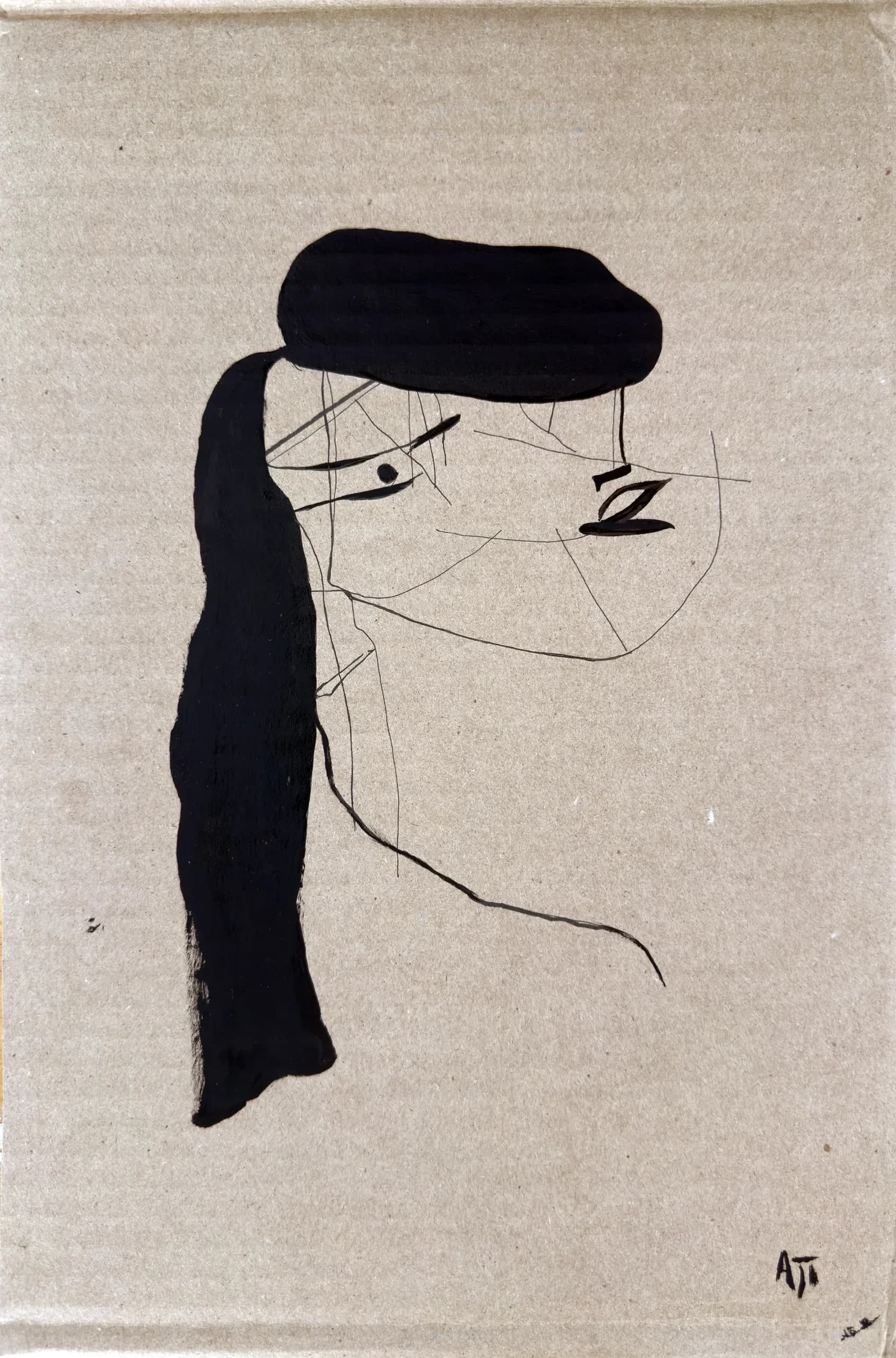 Untitled (Head X), 2025. Ink and paint head in profile on found cardboard by Augustus Rivers