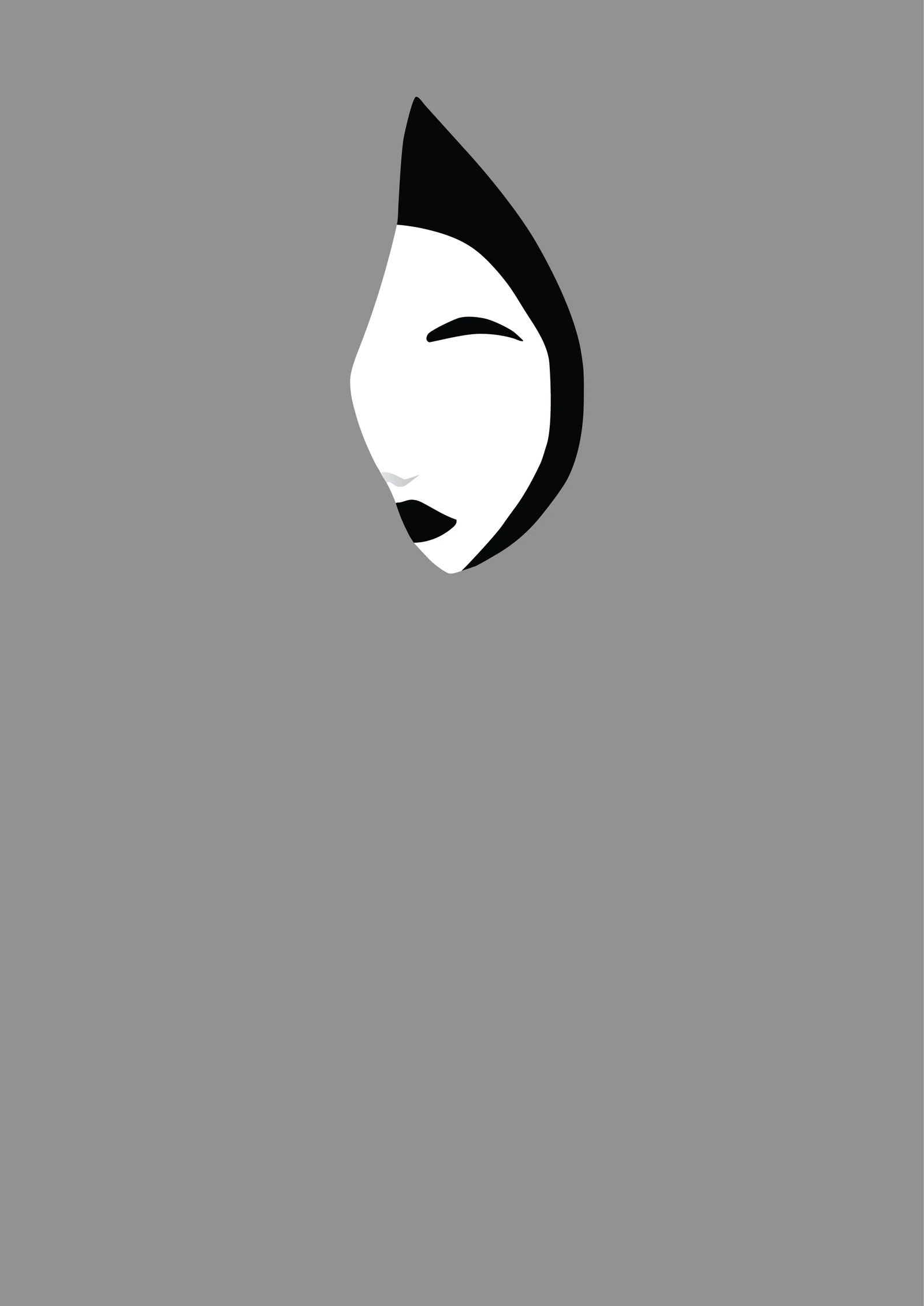 Fractured, 2023. Digital illustration showing a minimal half-face in black and white against a gray field by Augustus Rivers
