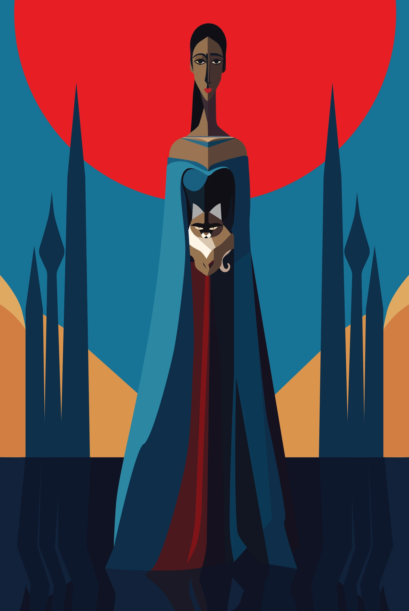 Figure with Cat, 2025. Digital illustration of a standing figure holding a cat against a red sun by Augustus Rivers