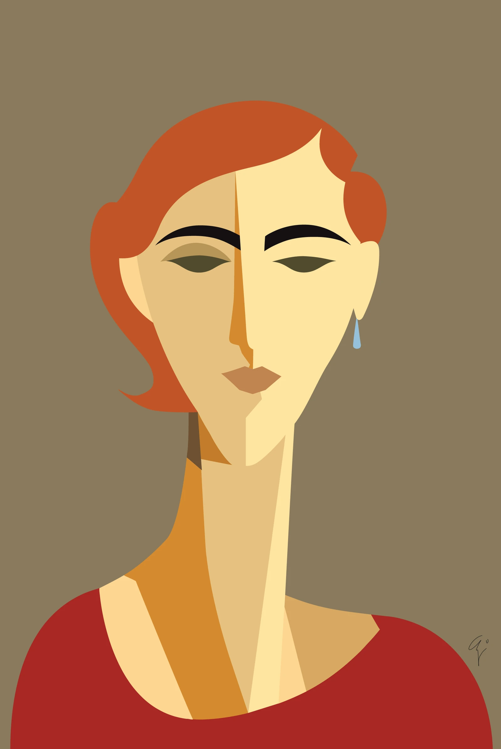 Front-Facing Figure, 2025. Digital illustration of a simplified front-facing portrait with flat color shapes by Augustus Rivers