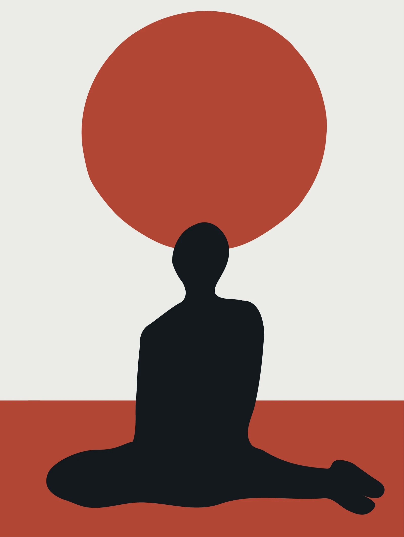 Sérénité,, 2024. Digital illustration showing a seated black figure beneath a large red circle on a minimal background by Augustus Rivers