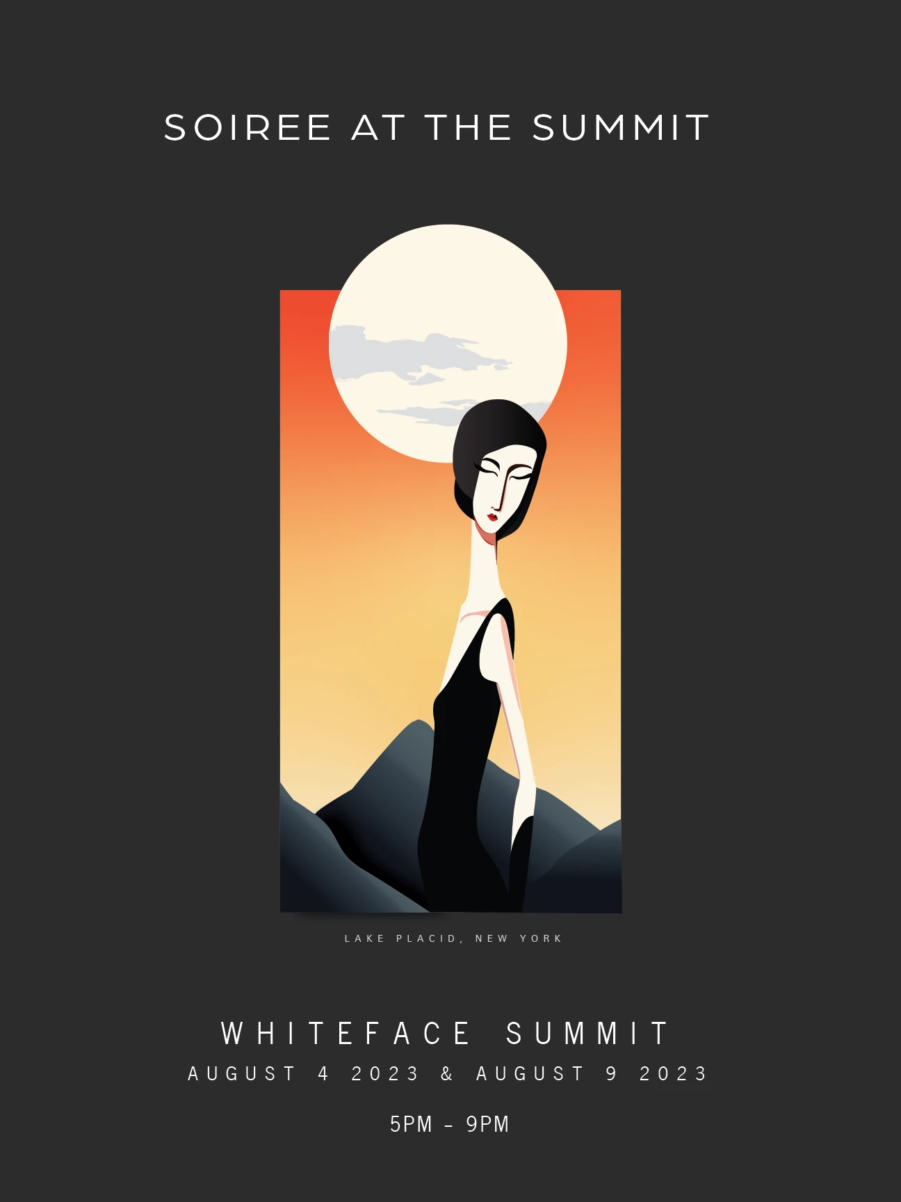 Soirée at the Summit, 2023. Digital illustration poster featuring a stylized female figure against mountains and a moonlit sky by Augustus Rivers