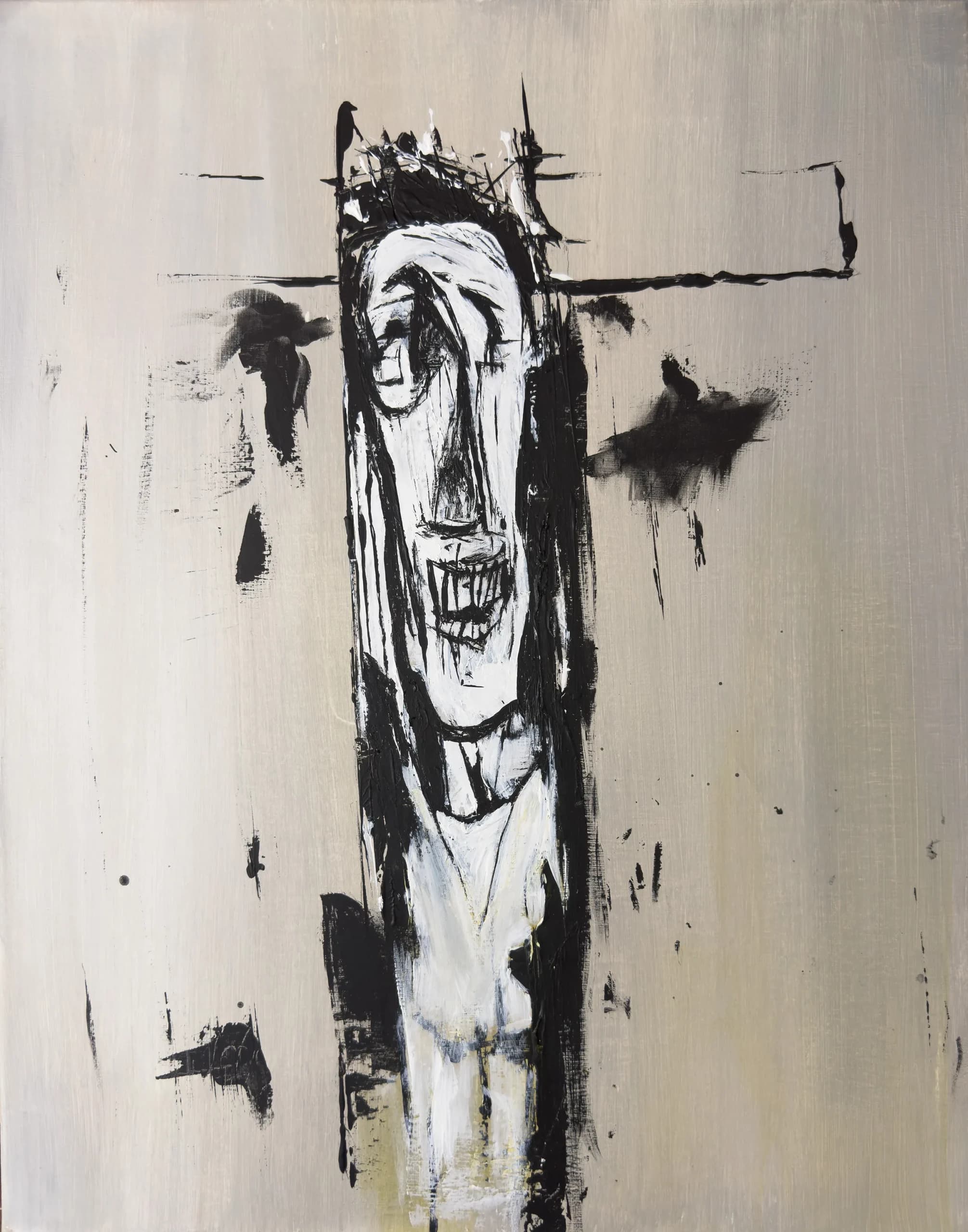 Ave Crux, Ave Oppressio ("Non revertar") (2024), A vertically oriented black and white painted figure with outstretched arms rendered in acrylic on canvas by Augustus Rivers