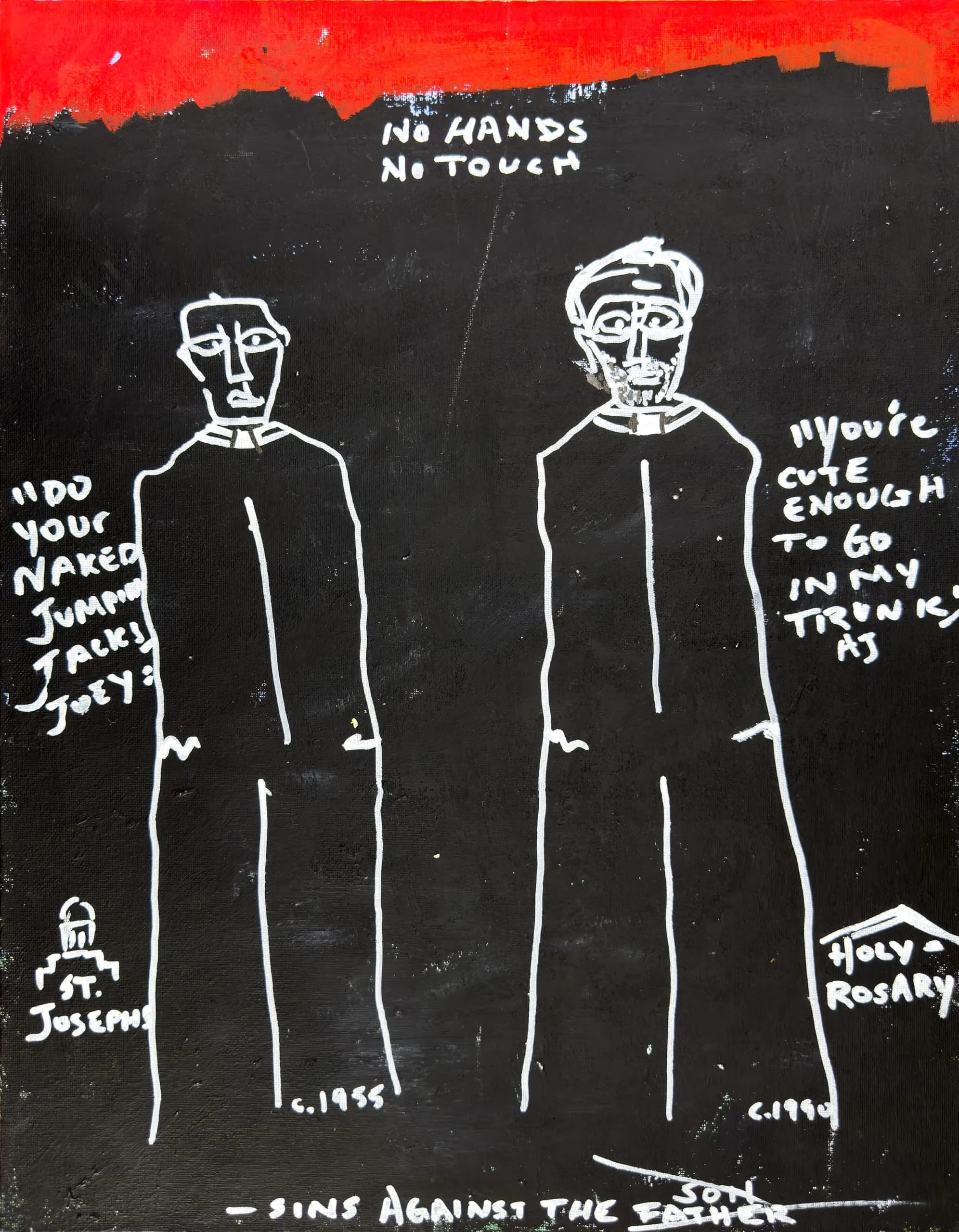 Sins Against the Father / Son, 1995. Two outlined figures painted in white on a black panel with handwritten text by Augustus Rivers