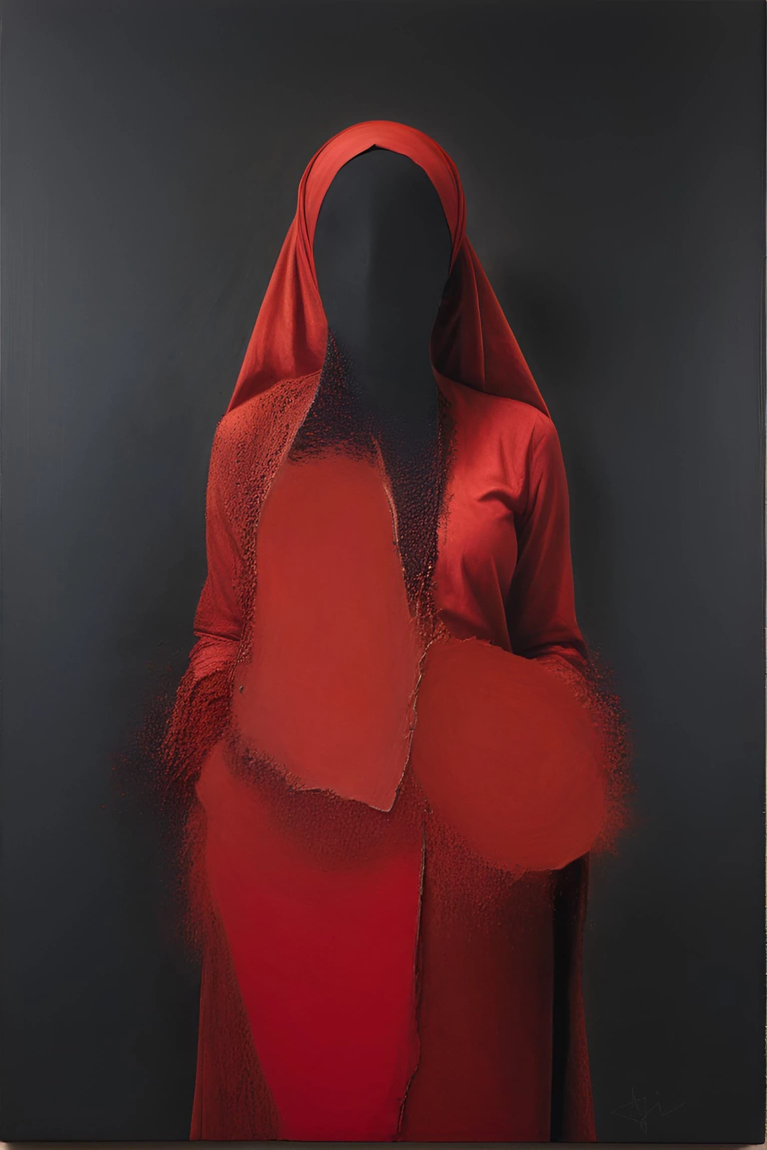 Red Figure I, 2025. Paint over photograph of a red-clad faceless figure against a dark ground by Augustus Rivers